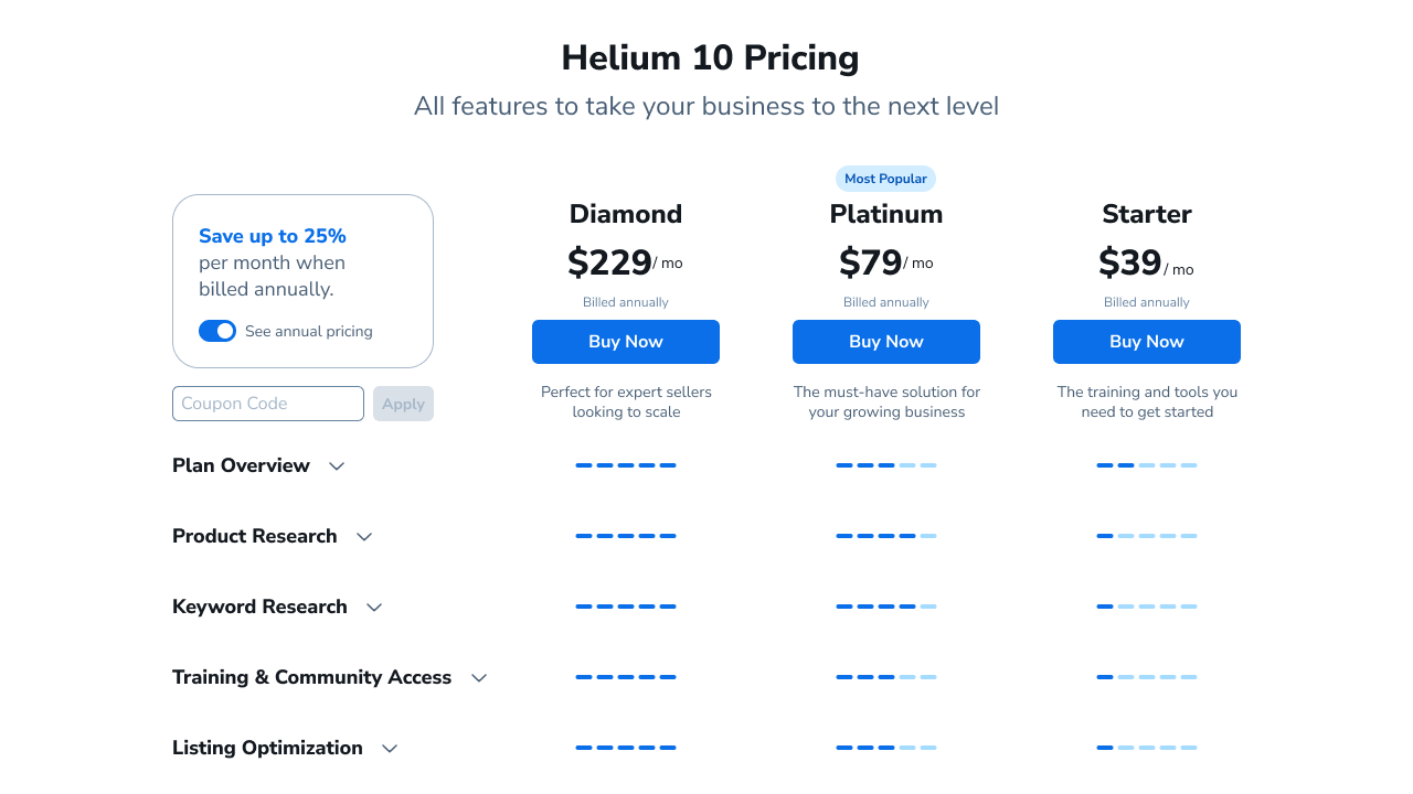 Helium 10 Pricing Plans
